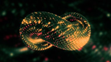 Soyut dönen zincir nesne yavaşça bükülmüş. Hareket. Işıldayan bir arka planda parlayan parçacıkların metal yatay sonsuz işareti, kusursuz döngü.