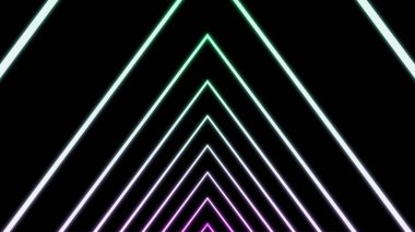 Neon çizgileriyle oluşan renk değiştiren tünelin içinde uçmak, kusursuz döngü. Tasarım. Siyah arkaplanda genişleyen üçgen siluetlerin soyut koridoru.