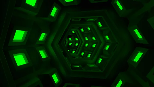 Driving through futuristic neon tunnel. Design. Turning futuristic tunnel with neon lights. Tunnel in spaceship or in matrix — Stockfoto
