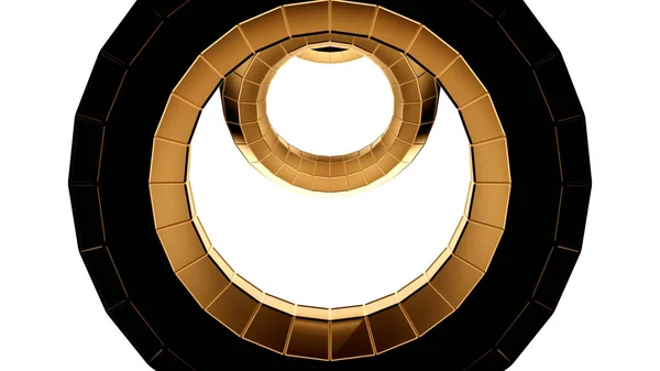 Fluindo anéis de metal dourado do mesmo tamanho em um fundo branco. Desenho. Túnel tecnológico em forma redonda, loop sem costura. — Fotografia de Stock