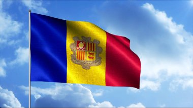 Andorra bayrağının mavi gökyüzünde dalgalandığı soyut bir arka plan ve bulutlar. Hareket. Renkli bayrak sallıyor, pürüzsüz döngü.