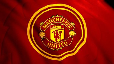 Manchester United kırmızı ve altın bayrak sallıyor, kusursuz döngü. Hareket. Soyut dalgalanan bayrak bezi, spor anlayışı. Sadece yazı işleri için..