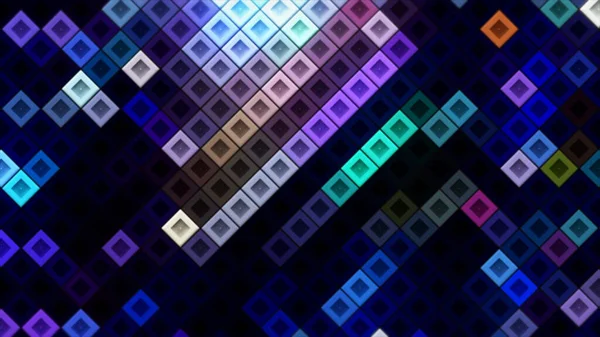 Soyutlamada çok renkli güzel bir mozaik. Hareket. Neon parlak mor küpleri farklı renklerde parıldıyor . — Stok fotoğraf