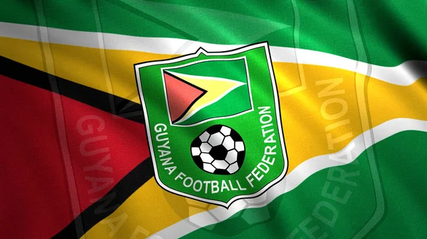 Guyana Football Federation bandiera sventola panno, anello senza cuciture. Mozione. Bandiera astratta colorata con un pallone da calcio. Solo per uso editoriale. — Foto Stock