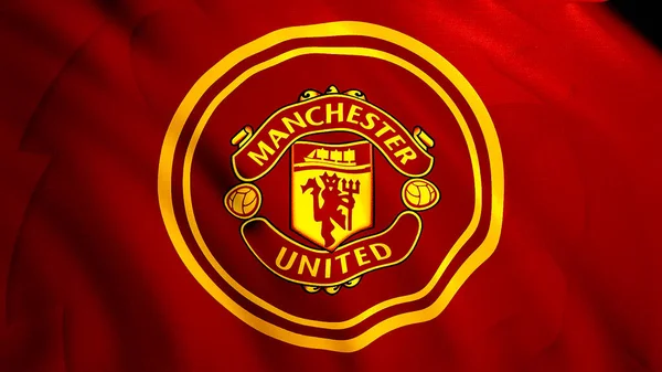 Waving Manchester United red and golden flag, seamless loop. Motion. Close up of abstract rippling flag cloth, concept of sport. For editorial use only. — Stock Photo, Image