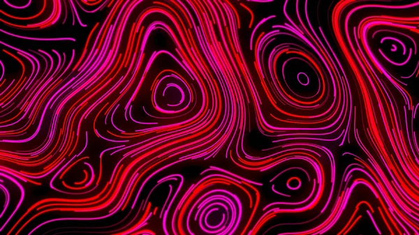 Топографический рисунок с неоновыми линиями. Движение. Красивые неоновые линии движутся в изогнутых потоках, создавая овальные узоры. Дерево или мраморный узор из неоновых линий. Сексуальная страсть в стиле неонового ретро — стоковое фото