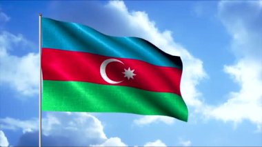 Ülkemizin vatansever bayrakları rüzgarda dalgalanıyor. Hareket. Bayrak direğindeki dalgalanmalar gökyüzünün arka planında ve hareket eden bulutlarda. Azerbaycan 'ın 3D bayrağı