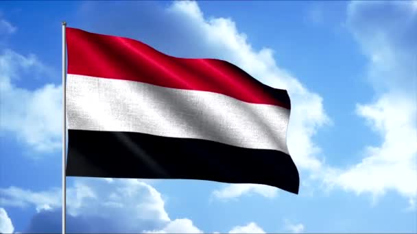 Vlastenecké vlajky země se třepotají ve větru. Pohyb. Vlajka na vlajkovém stožáru vlaje na pozadí oblohy a pohybujících se mraků. 3D vlajka Jemenu — Stock video