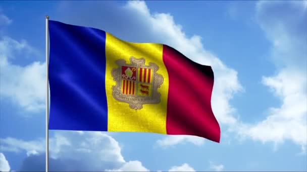 Andorra bayrağının mavi gökyüzünde dalgalandığı soyut bir arka plan ve bulutlar. Hareket. Renkli bayrak sallıyor, pürüzsüz döngü. — Stok video