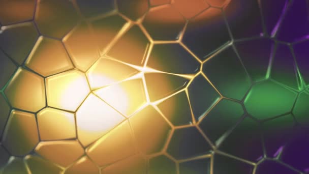 Superficie futurista digital abstracta con hexágonos transformadores. Moción. Círculo amarillo brillante rodeado de bengalas verdes y moradas con hexágonos giratorios. — Vídeo de stock