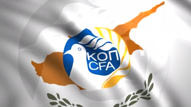 Bandiere di paesi con emblemi di società calcistiche. Mozione. Primo piano della tela 3D in movimento con logo della squadra di calcio. Emblema della nazionale di calcio di Cipro — Video Stock