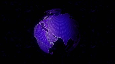Şekillendirilmiş Dünya siyah bir zemin üzerinde dönüyor, pürüzsüz bir döngü. Hareket. Dış uzayda dönen saydam gezegenin hologramı.