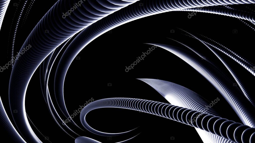 Huge lines of light from rings in abstraction . Design. Long lines with light play and create a swirling pattern.