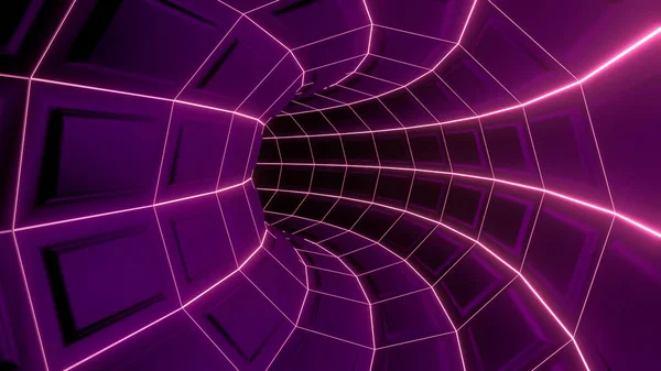 Neon tunnel.Design. A long pink-purple path in abstraction with glowing lines and squares that moves. — Foto Stock
