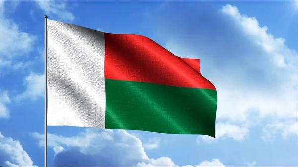 Vlajka Madagaskaru vlající ve větru na pozadí modré oblačné oblohy, bezešvé smyčky. Pohyb. Barevný abstraktní příznak v pohybu. — Stock fotografie