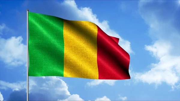 Bandera de Malí ondeando en el viento, lazo sin costuras. Moción. Bandera ondulante nacional amarilla, roja y verde sobre fondo realista del cielo. — Foto de Stock
