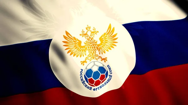 Üç renkli bayrak sallayan soyut Rus futbol birliği, kusursuz bir döngü. Hareket. Altın çift başlı kartal ve bir top. Sadece yazı işleri için.. — Stok fotoğraf