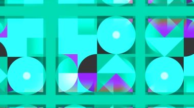 Değişen farklı renklerin geometrik şekilleriyle animasyon. Hareket. 80 'lerin tarzında hareket ve değişen geometrik desenler. Renkli geometrik şekilli geri dönüş deseni