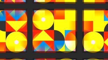 Değişen farklı renklerin geometrik şekilleriyle animasyon. Hareket. 80 'lerin tarzında hareket ve değişen geometrik desenler. Renkli geometrik şekilli geri dönüş deseni