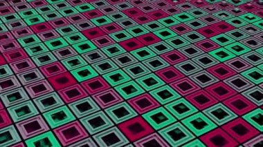 Soyutlamada parlak geometrik şekiller. Tasarım. Işıl ışıl kareler küçük kareler görünür ve geri çekilir.