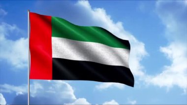 Birleşik Arap Emirlikleri 'nin bayrağının sallanmasının soyut gerçekçi animasyonu. Hareket. Kırmızı, beyaz, yeşil ve siyah dalgalı bayrak mavi bulutlu bir arka planda, pürüzsüz bir döngü.