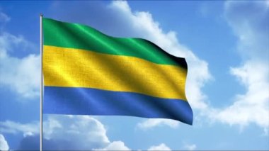 Gabon bayrağı 3 boyutlu animasyon sallıyor. Hareket. Gabon ulusal bayrağı rüzgarlı bir günde mavi bulutlu gökyüzüne karşı sallanıyor..