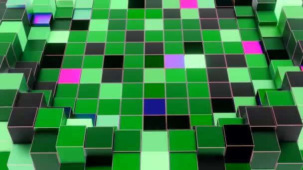 Small green, pink and black squares.Design. Разноцветные квадраты в абстракции растут, а затем снова падают — стоковое видео