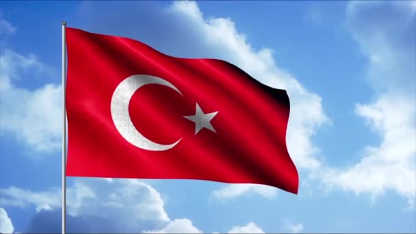 Abstract realistic animation of the waving flag of the Turkey. Motion. Red and white rippling flag on a blue cloudy sky background, seamless loop. — Stock Video