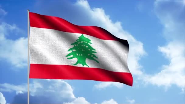 青空に浮かぶ雲を背景にレバノンの旗。動きだ。抽象的な緑の杉の木とレバノンの旗のシームレスなループ. — ストック動画