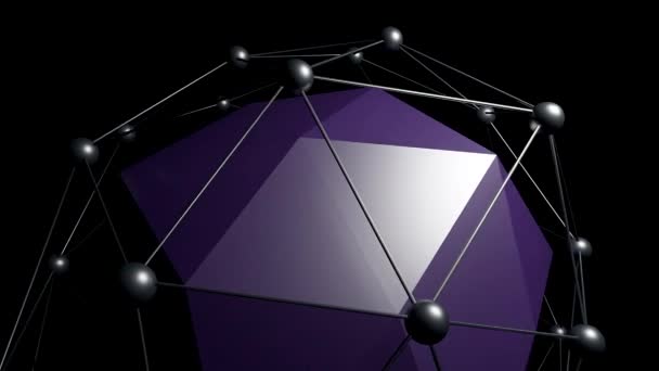 Abstracción morada. Diseño. Un fondo negro sobre el que hay una figura geométrica púrpura en la que la rejilla parece estar hecha de un átomo y todo esto se mueve. — Vídeos de Stock