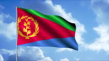 Eritre 'nin soyut ulusal bayrağı beyaz bulutların önünde dalgalanıyor, kusursuz bir döngü. Hareket. Siyaset ve vatanseverlik kavramı.