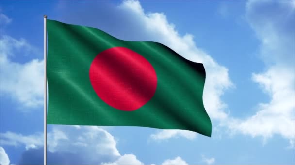 Bandiera 3D sul pennone in cielo. Mozione. Bandiera sta sventolando a terra sullo sfondo cielo blu. Spirito patriottico con bandiera del Bangladesh — Video Stock