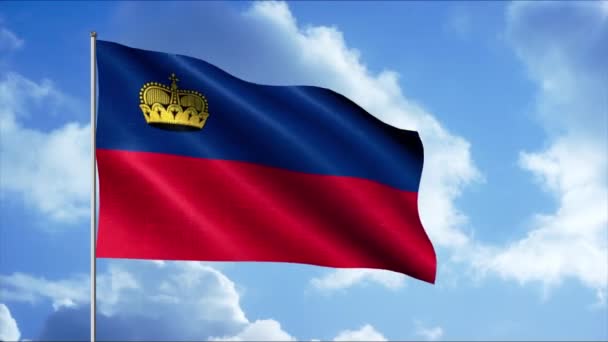 Liechtenstein állam zászlaja hullámzik a szélben a kék égbolttal szemben, áramló felhőkkel. Indítvány. Piros és kék csíkos zászló arany koronával. — Stock videók