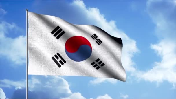 Flagi krajów świata powiewają na niebie. - Wniosek. Piękna flaga kraju porusza się na maszcie na wietrze. Piękna flaga 3D Korei Południowej — Wideo stockowe