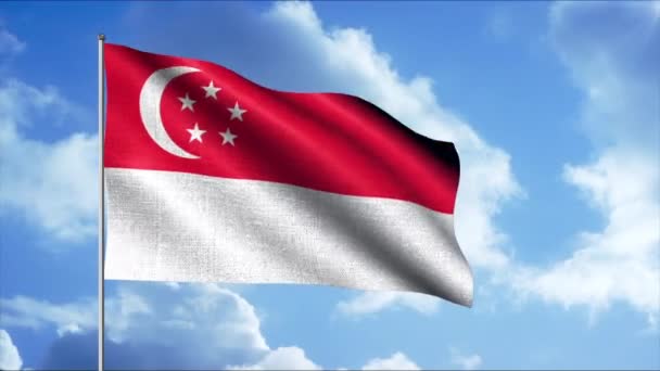 Vlajky zemí světa se vznášejí na obloze. Pohyb. Krásná vlajka země se ve větru pohybuje na vlajkovém stožáru. Krásná 3D singapurská vlajka — Stock video