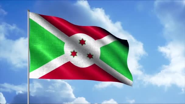 Patriotisch Flagge schwenkend. Bewegung. Wunderschönes Gewebe aus sich entwickelnder Flagge am Fahnenmast am Himmel. Flagge von Burundi auf dem Hintergrund des Himmels — Stockvideo