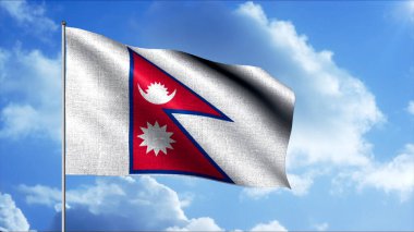 Mavi gökyüzü arka planında bayrak direğinde dalgalanan Nepal ulusal bayrağı, kusursuz döngü. Hareket. Renkli bayrak ve kabarık bulutlar.