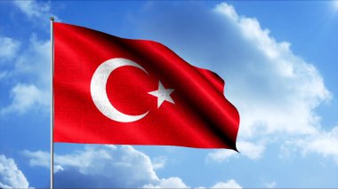 Türkiye 'nin sallanan bayrağının soyut gerçekçi animasyonu. Hareket. Mavi bulutlu arka planda kırmızı ve beyaz dalgalı bayrak, kusursuz döngü.