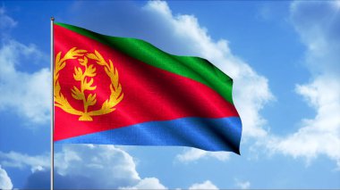 Eritre 'nin soyut ulusal bayrağı beyaz bulutların önünde dalgalanıyor, kusursuz bir döngü. Hareket. Siyaset ve vatanseverlik kavramı.