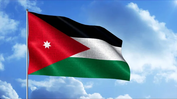 Αφηρημένη εθνική σημαία της Ιορδανίας κυματίζει μπροστά από λευκά σύννεφα, αδιάλειπτη βρόχο. Κίνηση. Έννοια της πολιτικής και του πατριωτισμού. — Φωτογραφία Αρχείου