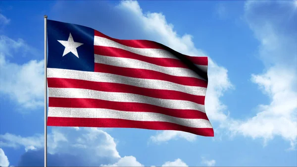 Bandiera Liberia sventola sul cielo blu con soffice sfondo nuvole, anello senza soluzione di continuità. Mozione. Panno bandiera astratta in movimento con strisce e stella. — Foto Stock