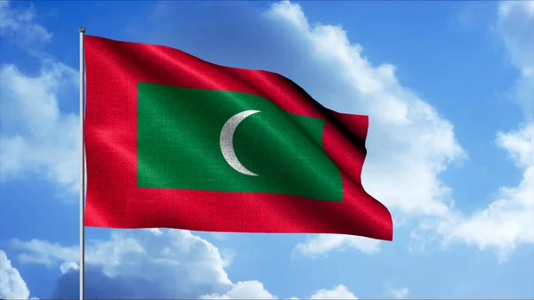 Drapeau abstrait de la République des Maldives avec le croissant sur tissu vert et rouge. Motion. Drapeau réaliste agitant sur fond de ciel nuageux, boucle transparente. — Photo