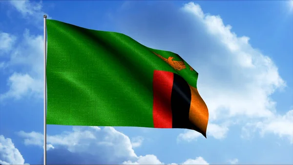 Zambia flaga macha animacją 3D. - Wniosek. Zambijska flagowa tkanina kołysząca się w wietrzny dzień przeciwko błękitnemu, zachmurzonemu niebu, płynna pętla. — Zdjęcie stockowe