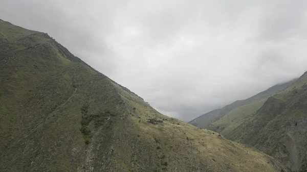 Krajina prázdných hor. Akce. Hory šedých květin s mlhavou oblohou, nad kterou dron létá a střílí. — Stock fotografie