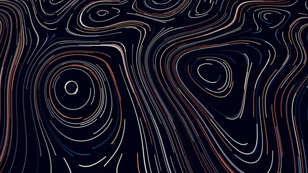 Rundes Muster von Linien im Relief-Stil. Bewegung. Schöne Leuchtlinien bewegen sich auf kreisförmigen Bahnen auf schwarzem Hintergrund. Kartographische oder Reliefmuster von Kreisen und Linien — Stockfoto