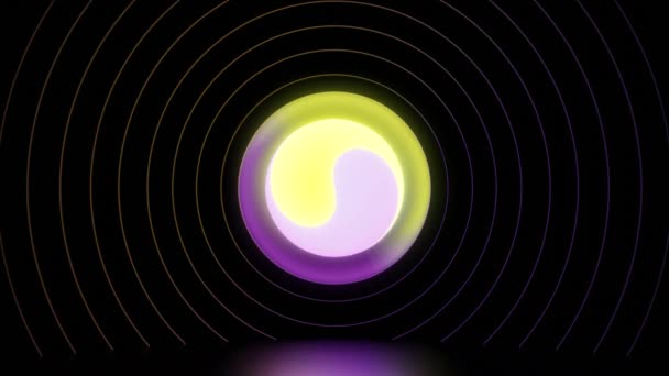 Rotating multicolored circle on black background with rings. Design. Beautiful circle rotates with rings on black background. Circle in center with divergent rings around — Stock Video