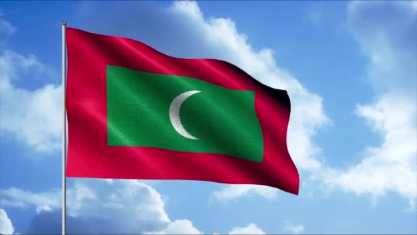 Абстрактный флаг Мальдивской республики с полумесяцем на зеленом и красном полотне. Движение. Размахивая реалистичным флагом на облачном фоне неба, бесшовный цикл. — стоковое видео