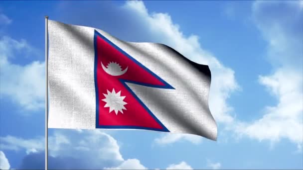 Bandeira nacional do Nepal acenando no mastro de bandeira no fundo do céu azul, loop sem costura. Moção. Bandeira colorida e nuvens fofas. — Vídeo de Stock