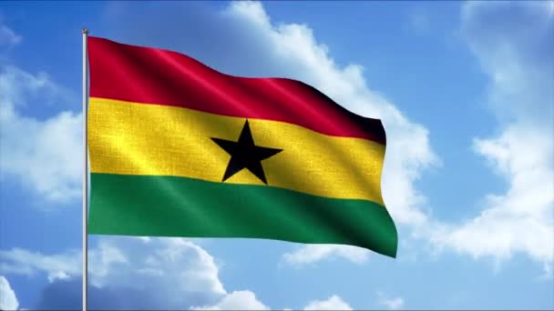 Bandera nacional de Ghana ondeando sobre asta de la bandera sobre fondo de cielo azul, lazo sin costuras. Moción. Bandera a rayas de colores con una estrella negra. — Vídeo de stock