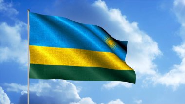 Ruanda bayrağı rüzgarda dalgalanıyor, kusursuz döngü. Hareket. Gerçekçi gökyüzü arka planında sarı, mavi ve yeşil dalgalanan ulusal bayrak.